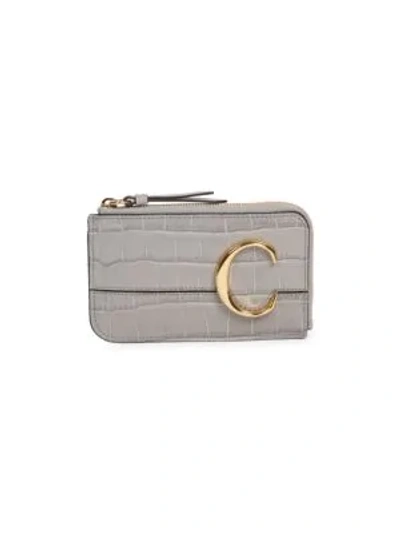 Shop Chloé C Croc-embossed Leather Zip Card Holder In Stormy Grey