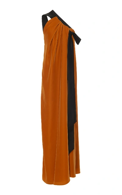 Shop Oscar De La Renta Bow-accented Asymmetrical Velvet Gown In Yellow