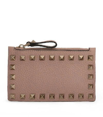 Shop Valentino Garavani Leather Rockstud Zip Card Holder In Pink