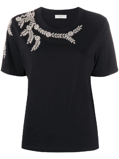 Shop Sandro Round Neck Rhinestone Appliqué T-shirt In Black