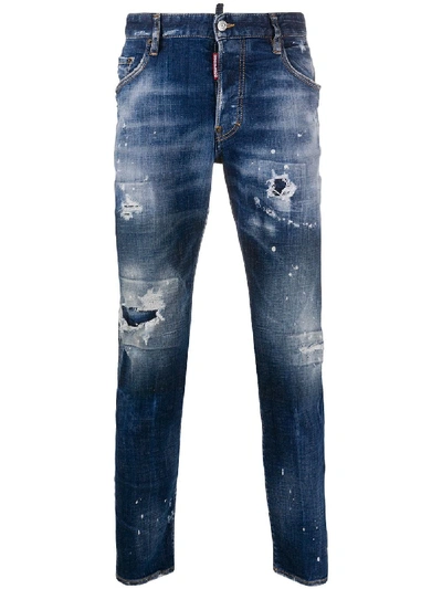 Shop Dsquared2 Distressed Splatter-effect Skinny Jeans In Blue