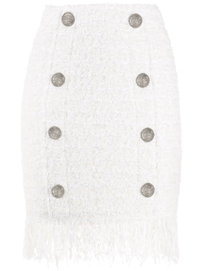 Shop Balmain Buttoned Fringe-hem Mini Skirt In White