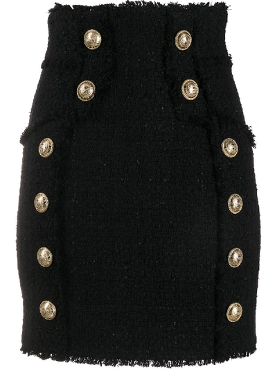 Shop Balmain Double-breasted Raw-edge Mini Skirt In Black