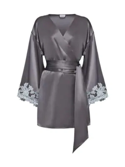 Shop La Perla Maison Lace Trim Silk Blend Robe In Grey Light Grey