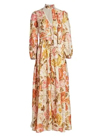 Shop Zimmermann Bonita Long-sleeve Floral Linen Dress In Cream Floral