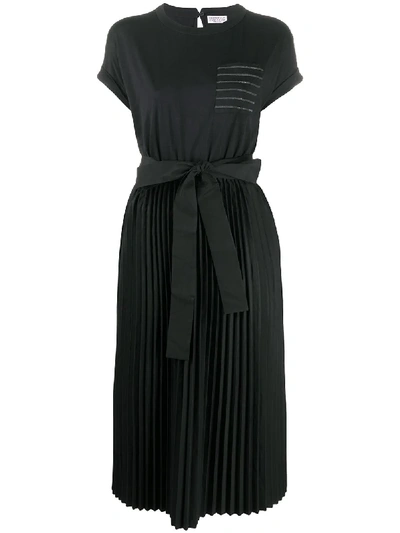 Shop Brunello Cucinelli Pleated Skirt Tie-waist T-shirt Dress In Black