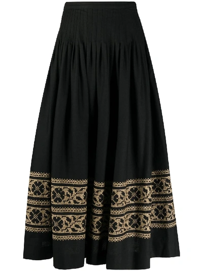 Pre-owned Saint Laurent 1970s Floral Embroidery Full Skirt In Black
