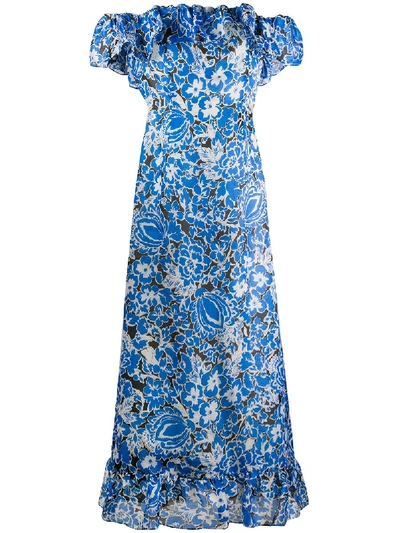 Pre-owned Givenchy 1970s Floral Off-the-shoulder Dress In Blue