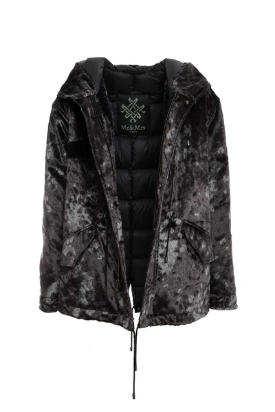 Shop Mr & Mrs Italy Imprint Velvet Jazzy Mini Parka In Grey Camouflage / Black/black