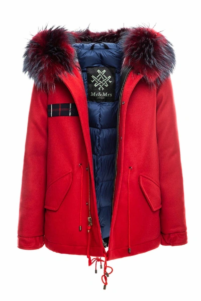 Shop Mr & Mrs Italy Red Jazzy Mini Parka With Tartan In Red/madras Blue / Madras Blue/night Sky / Red/blue