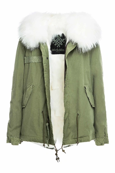 Shop Mr & Mrs Italy Army Cotton Canvas Mini Parka With Fox Fur Lining In White