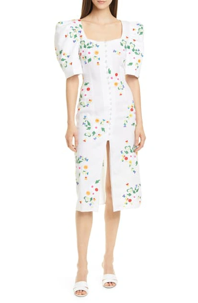 Shop All Things Mochi Marisol Embroidered Linen Blend Midi Dress In White Floral