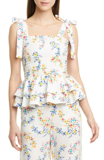 Shop All Things Mochi Halo Silk Crepe Peplum Top In White Floral