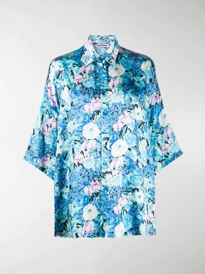 Shop Balenciaga Floral-print Draped Shirt In Blue