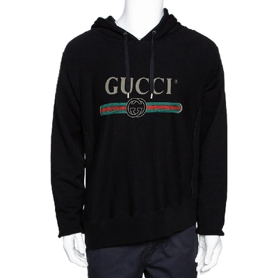 Pre-owned Gucci Black Vintage Logo Print Cotton Hooded Sweatshirt M