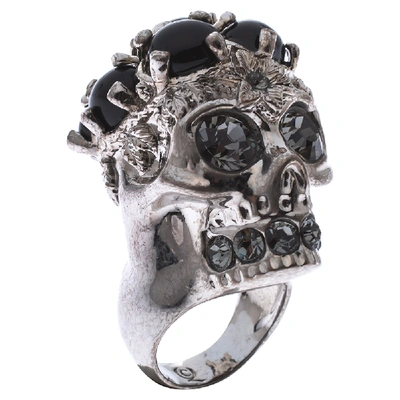 Pre-owned Alexander Mcqueen Skull Embellished Silver Tone Cocktail Ring Size 56