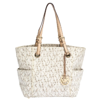 Pre-owned Michael Kors Michael  Off White/beige Signature Coated Canvas And Leather Jet Set East West Tote
