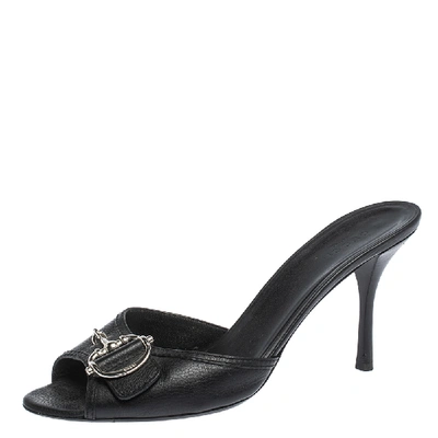 Pre-owned Gucci Black Leather Horsebit Mule Slide Sandals Size 41