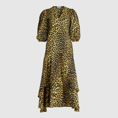 Pre-owned Ganni Animal Bijou Leopard Print Wrap Dress Dk 36 In Brown