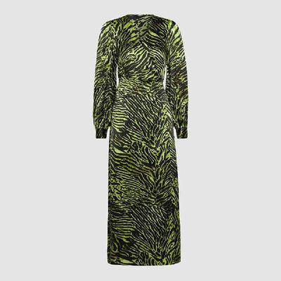 Pre-owned Ganni Green Tiger Print Long Sleeve Silk-blend Dress Dk 38