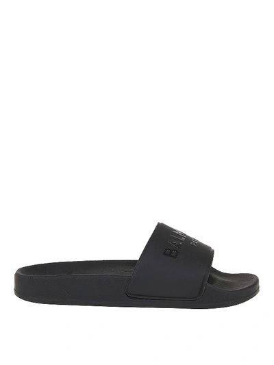 Shop Balmain Logo Print Sliders In Black