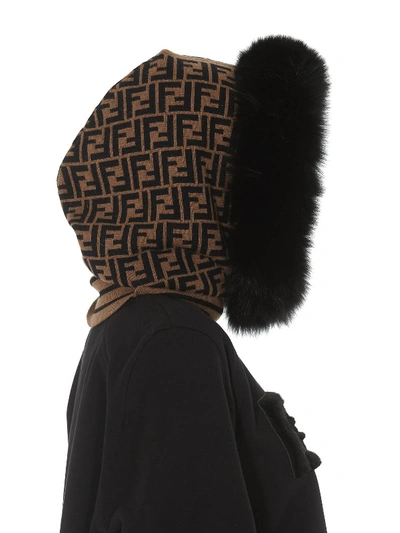 Shop Fendi Ff Wool Cashmere Hood With Fur In Brown