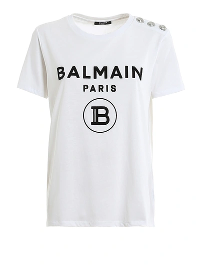 Shop Balmain Logo T-shirt With Silver Buttons In White