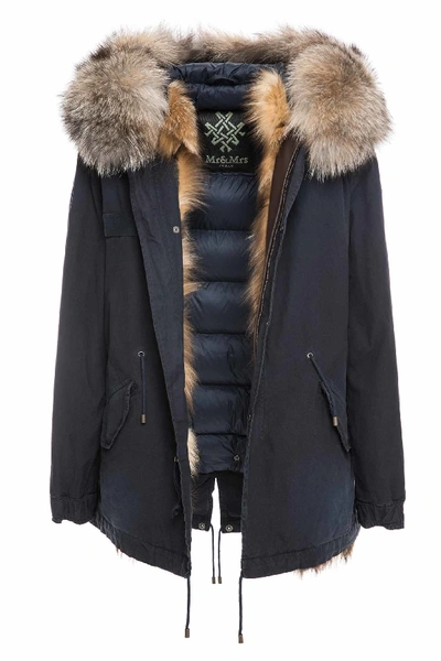 Shop Mr &amp; Mrs Italy Jazzy Mini Parka With Fox In Midnight Blue / Midnight Blu/beige / Beige