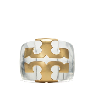Shop Tory Burch Applied Logo Resin Cuff In Rolled Brass/clear Resin
