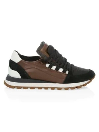 Shop Brunello Cucinelli Monili-trimmed Suede & Leather Sneakers In Alcampione