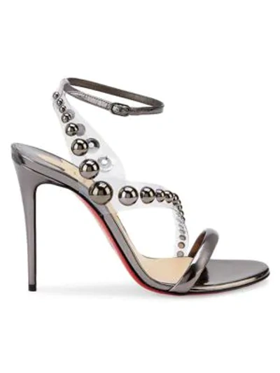 Shop Christian Louboutin Corinetta Embellished Pvc & Metallic Leather Sandals In Gunmetal