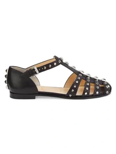 Shop Christian Louboutin Women's Loubiclou Spiked Leather T-strap Flats In Black Silver