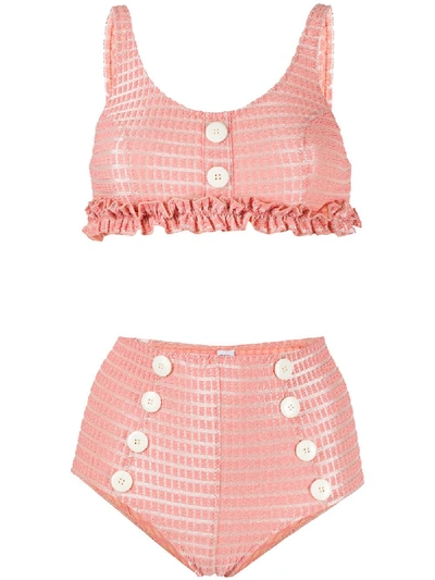 Shop Lisa Marie Fernandez Ruffle-trimmed Checked Bikini In Pink