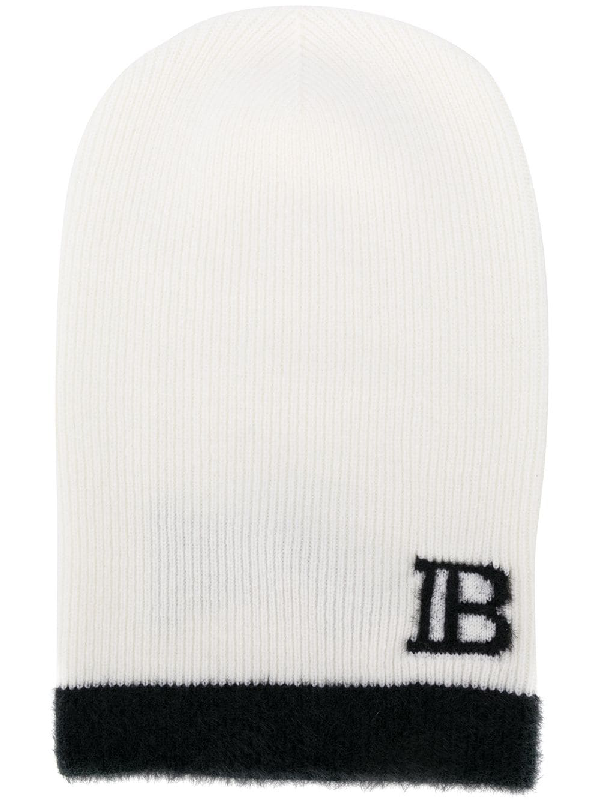 Balmain Monogram Knitted Beanie In White | ModeSens