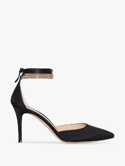 Shop Gianvito Rossi 85 Chain Ankle Strap Satin Pumps In Black