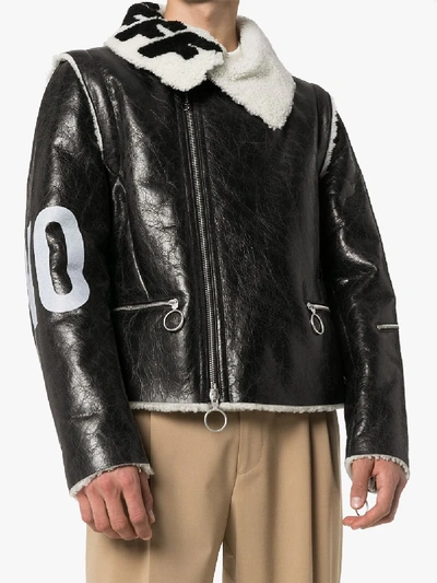 Shop Off-white Mens Black Target Shearling Leather Jacket