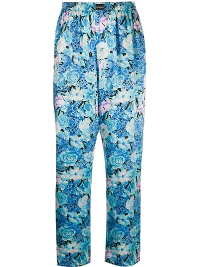 Shop Balenciaga Floral-print Silk Trousers In Blue