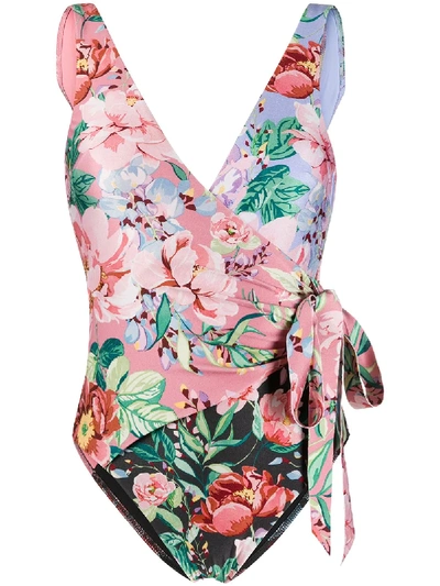 Shop Zimmermann Floral-print Wrap Swimsuit In Pink