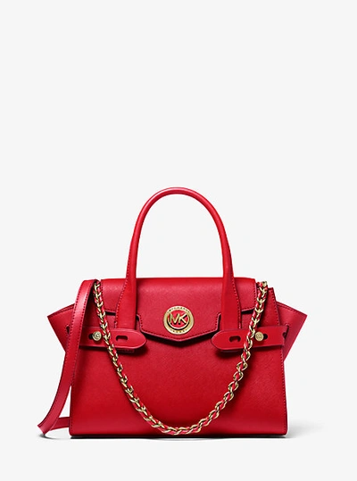 Shop Michael Kors Carmen Small Saffiano Leather Belted Satchel In Red