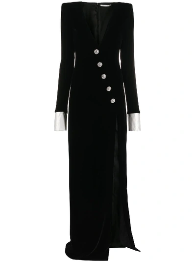 Shop Alessandra Rich Crystal Button Velvet Dress In Black