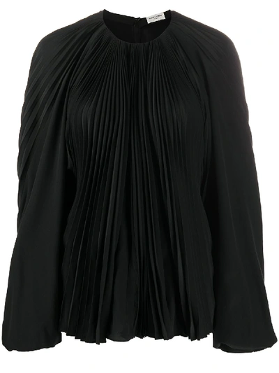 Shop Saint Laurent Balloon Sleeve Pleated Blouse In Black