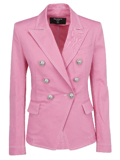 Shop Balmain Double-breasted Denim Blazer In Rose