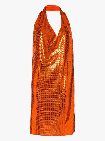 Shop Bottega Veneta Cowl Neck Mirror Gathered Midi Dress In Orange