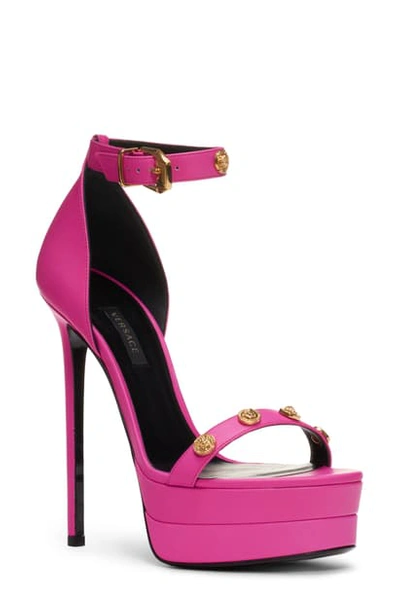 Shop Versace Double Platform Sandal In Hot Pink/ Gold