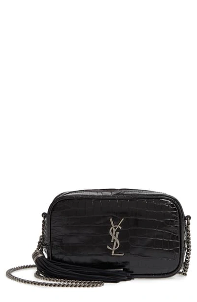 Shop Saint Laurent Mini Lou Croc Embossed Leather Camera Bag In Noir