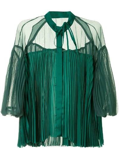 Shop Sacai Pleated Puff-sleeve Blouse In Green