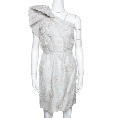 Pre-owned Stella Mccartney Pale Grey Floral 3d Lace Rosea One Shoulder Dress M