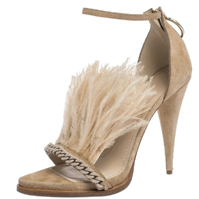 Pre-owned Givenchy Beige Suede Ostrich Feather And Chain Embellished Urania Sandals Size 39.5