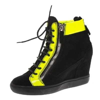 Pre-owned Giuseppe Zanotti Black Suede And Fluorescent Yellow Patent High Top Wedge Sneakers Size 37