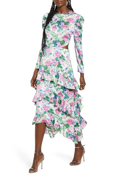 Shop Wayf Floral Print Cutout Waist Long Sleeve Dress In Magenta Rose Garden